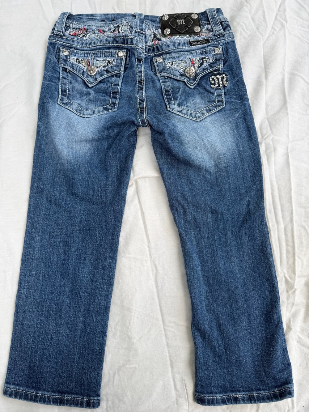 Miss Me Girls Cropped Blue Jeans with Embroidered & Studded Back Pockets